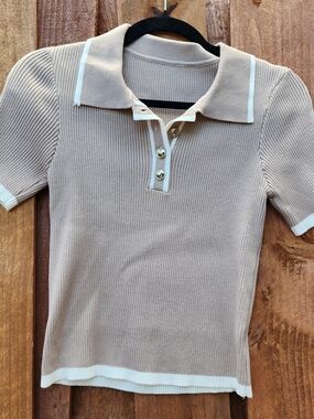 Ribbed Knit Polo Shirt Contrast Trim Short Sleeve Button Collar Top Beige